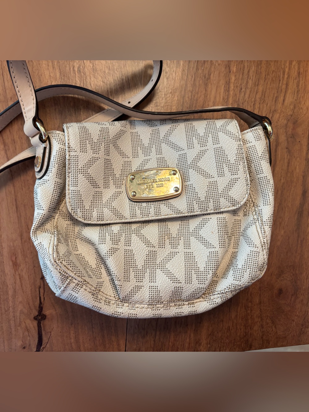 Michael Kors Cream and Tan Crossbody Bag with Signature Print